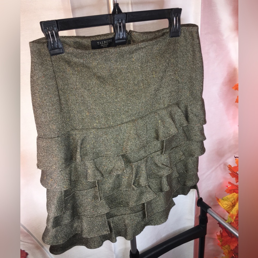 Talbots Petites | Women’s Green Ruffle Pattern Wool Skirt